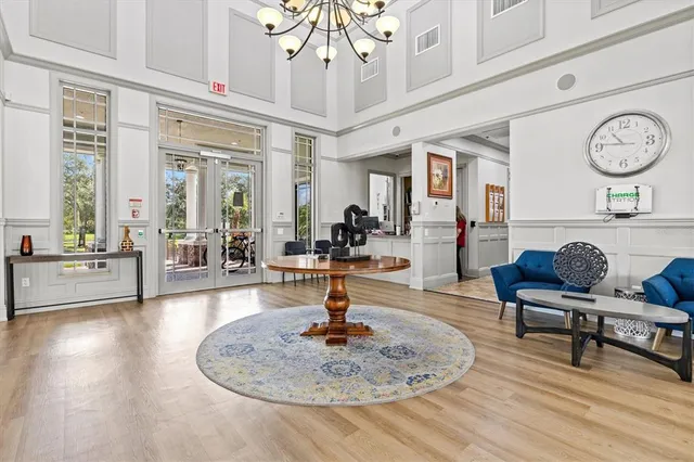 a view of a park with sitting area