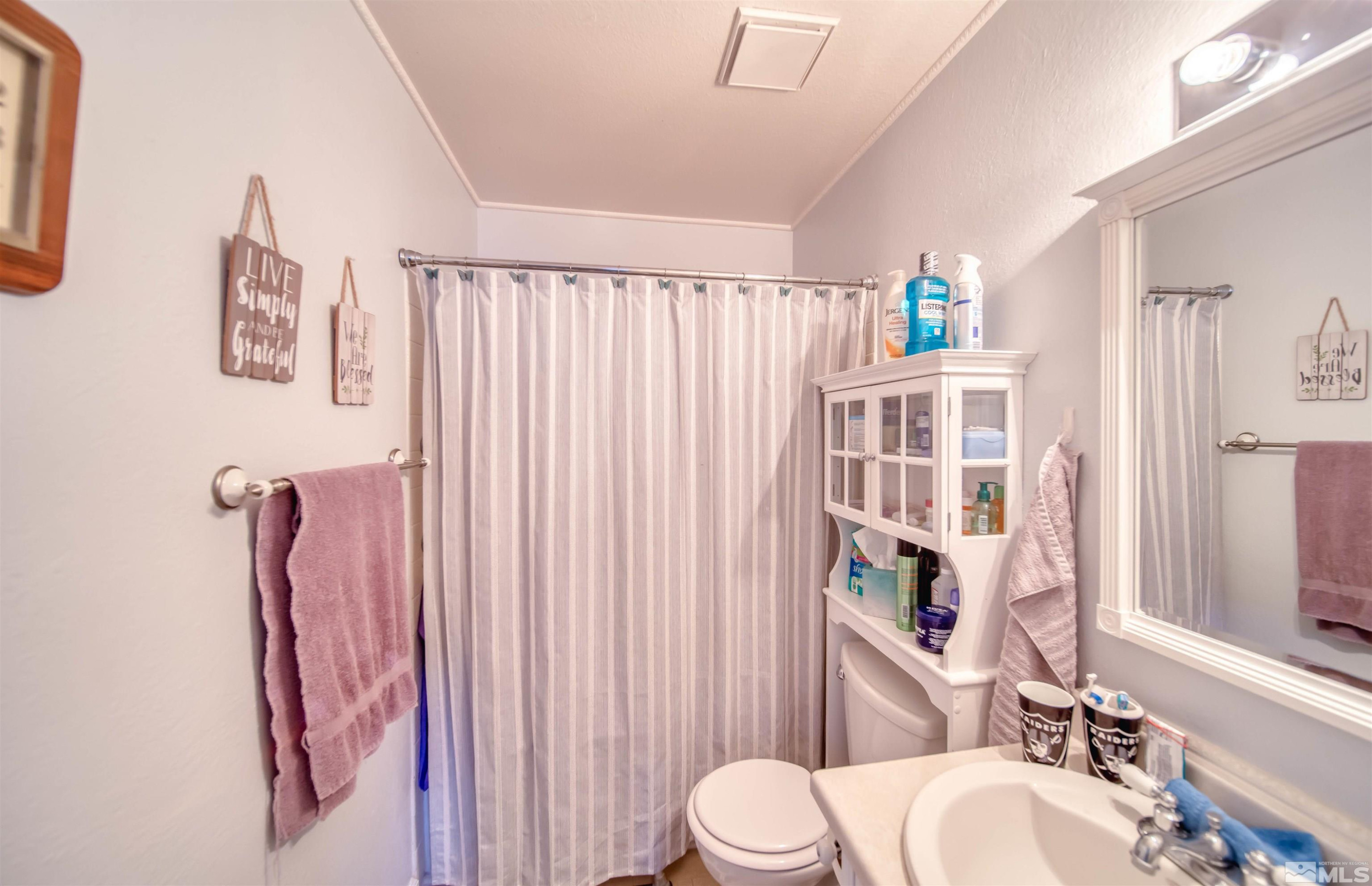 6480 Lotus Street Reno, NV 89506 - Photo 15 of 22 a bathroom with a sink a toilet and shower curtain