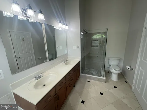 a bathroom with a double vanity sink mirror and toilet