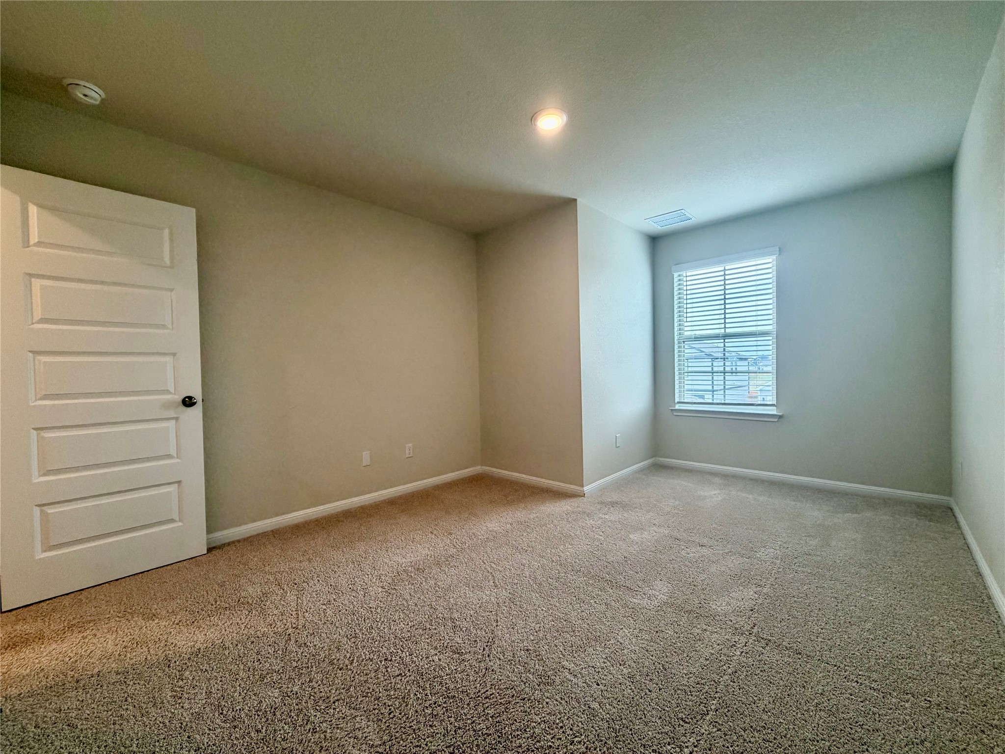 305 Tolo Drive Elgin, TX 78621 - Photo 20 of 27 Carpeted room featuring a single window with blinds, a white paneled door with a black doorknob, and neutral-toned walls