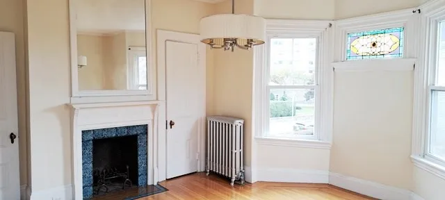 a view of cabinets and window