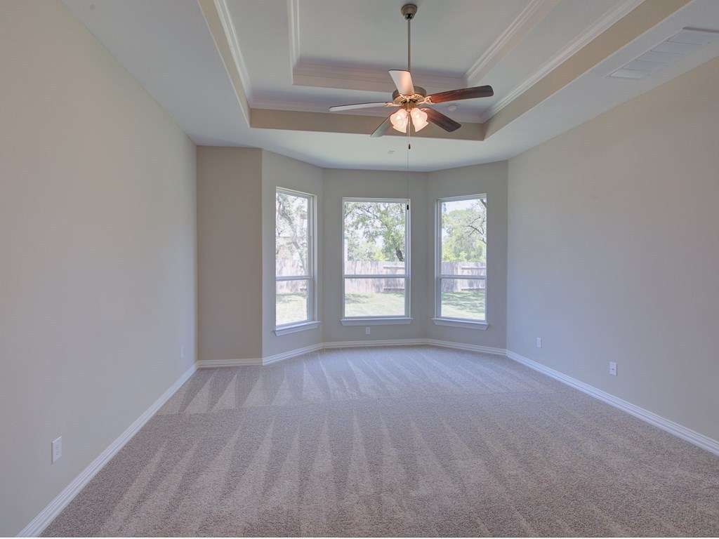 4303 Logan Ridge Drive Cedar Park, TX 78613 - Photo 9 of 24 Spacious interior room featuring a tray ceiling with crown molding, ceiling fan with integrated lighting, and a bay window configuration with three individual windows