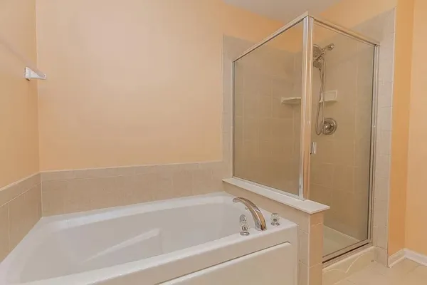 a bathroom with a bathtub and a shower