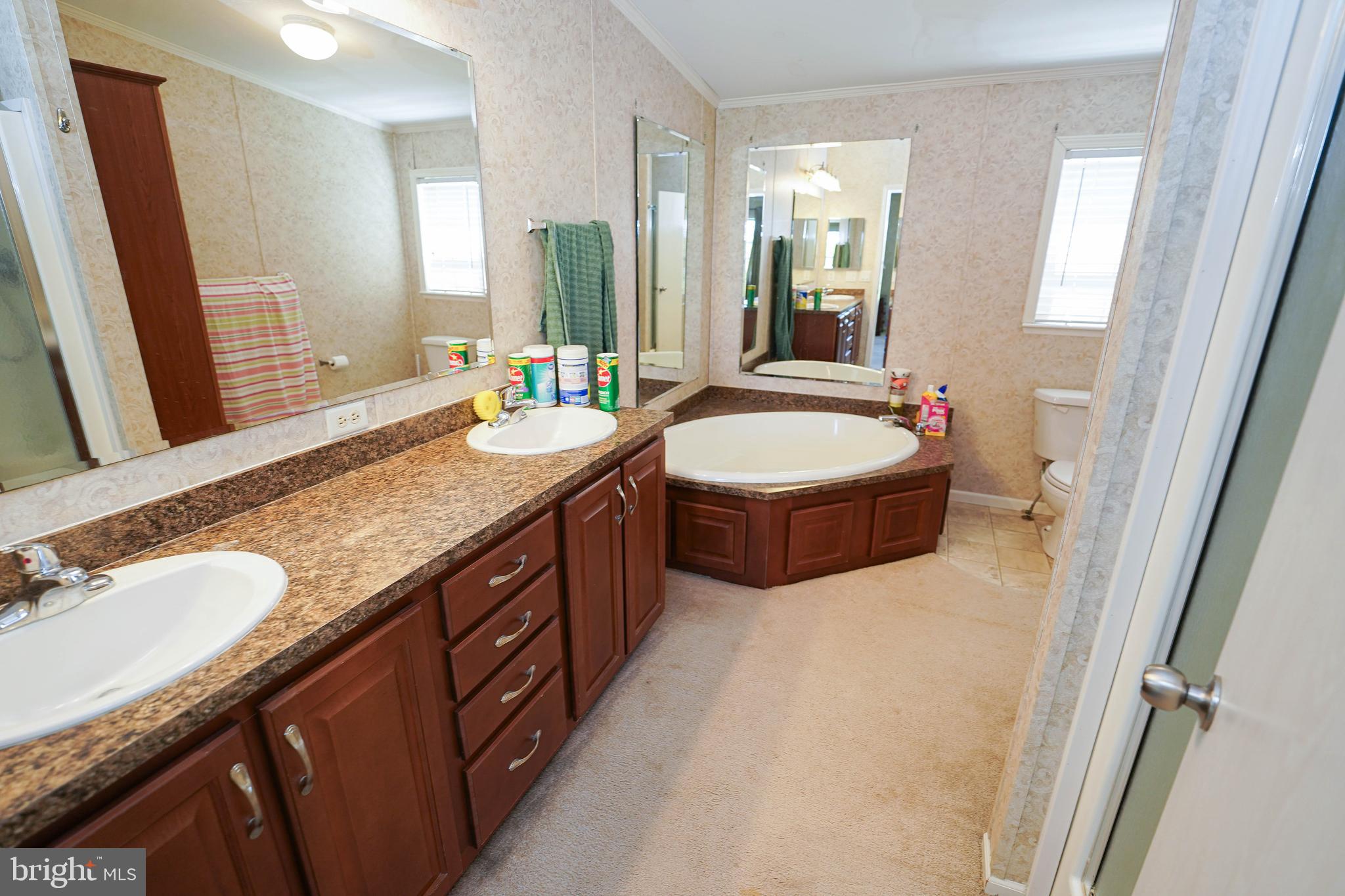 5846 Puckum Road Rhodesdale, MD 21659 - Photo 20 of 32 a bathroom with a granite countertop double vanity sink and a mirror
