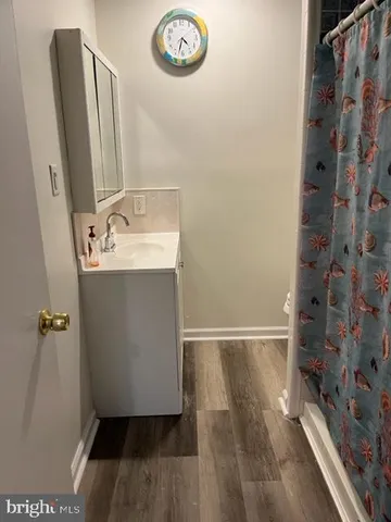 a bathroom with a sink a mirror and a shower