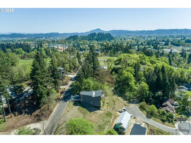 a view of a city with lush green forest
