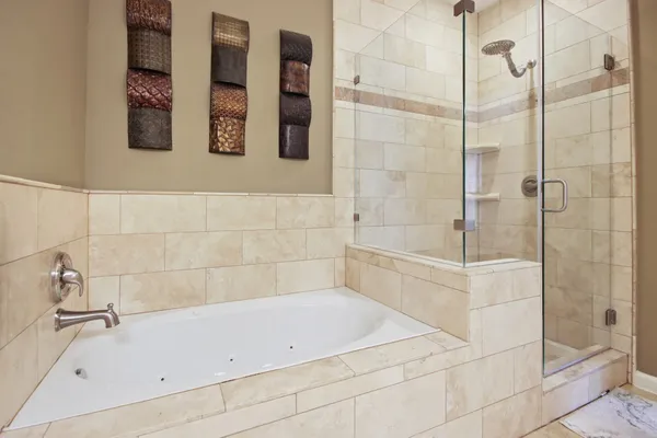 a bathroom with a bathtub and shower