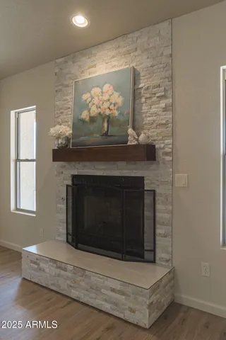 a living room with a fireplace