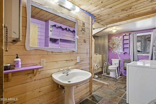 a bathroom with a sink a toilet and mirror