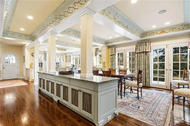 a view of a dining room with furniture