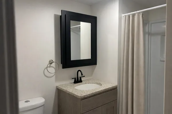 a bathroom with a granite countertop sink toilet and mirror