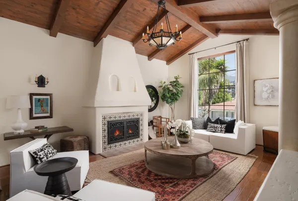 a living room with furniture a fireplace and a potted plant