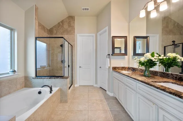 a bathroom with a granite countertop tub sink and mirror