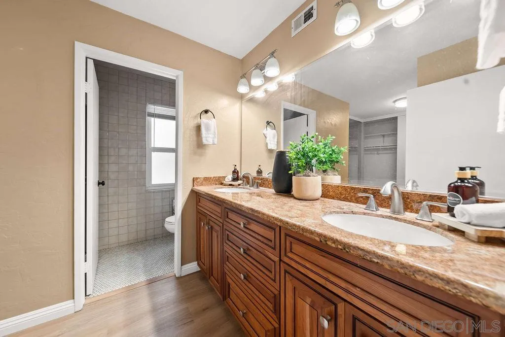 2210 Valley Road Oceanside, CA 92056 - Photo 18 of 45 a bathroom with a granite countertop sink a large mirror and a shower