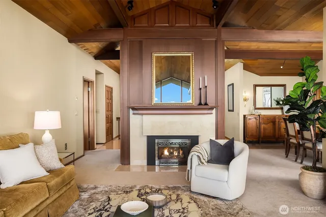 a dining room with furniture and window