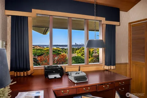 a view of a city from a living room