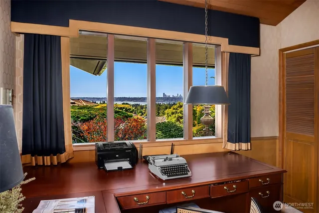 a view of a city from a living room