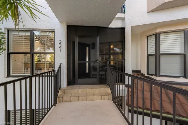 a view of a porch of a house