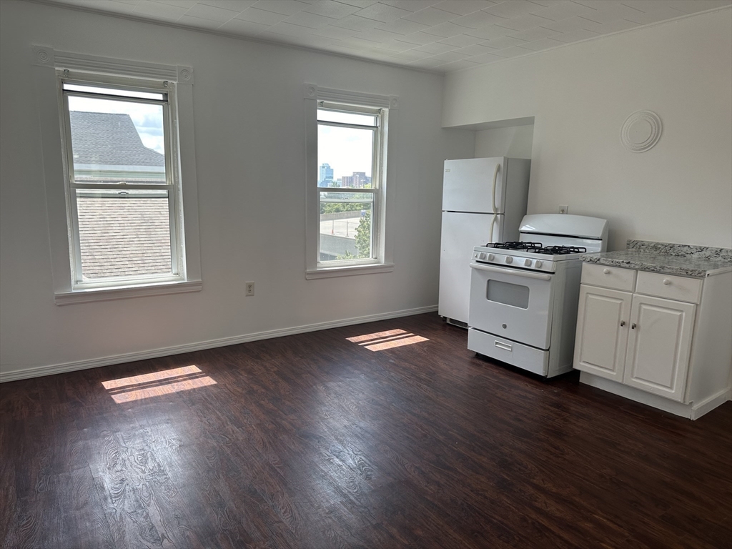 14 Hooper Street, Unit 3 Worcester, MA 01605 - Photo 3 of 12 a kitchen with granite countertop wooden floors and white stainless steel appliances