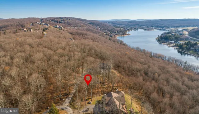 an aerial view of residential house and lake