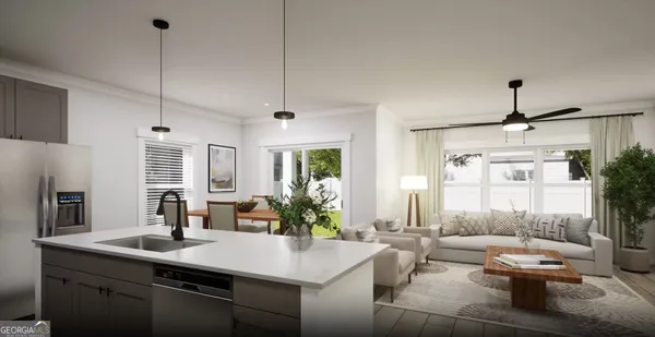 a kitchen with a table chairs stove and wooden floor