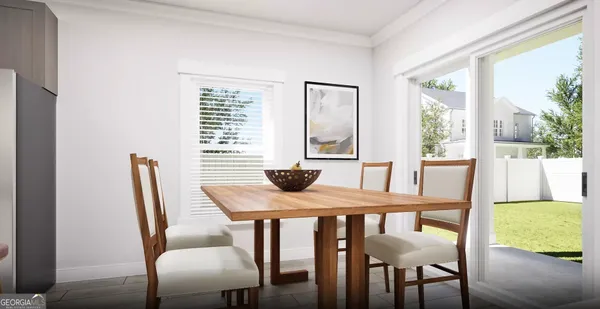a view of a dining room with furniture window and outside view