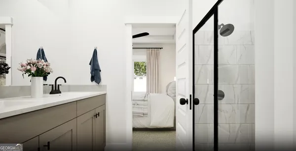 a bathroom with a sink and a mirror