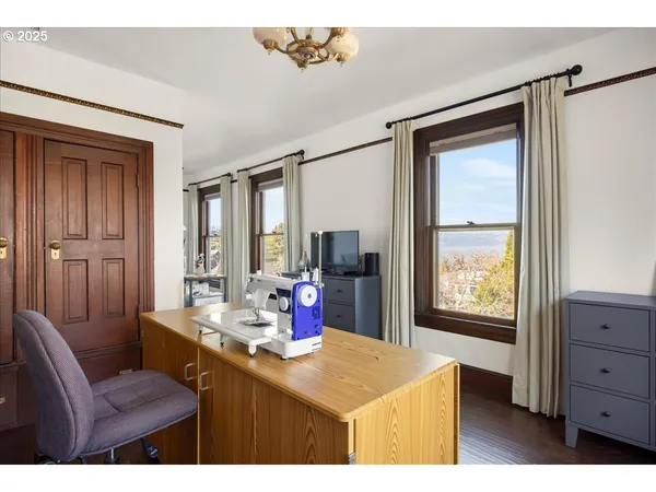 a dining room with a window