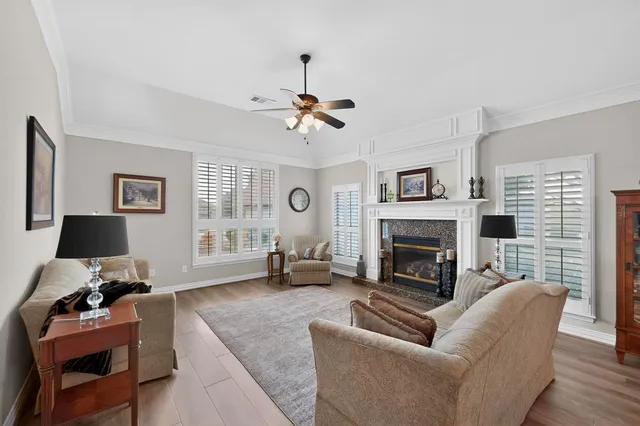 a living room with furniture a fireplace and a ceiling fan