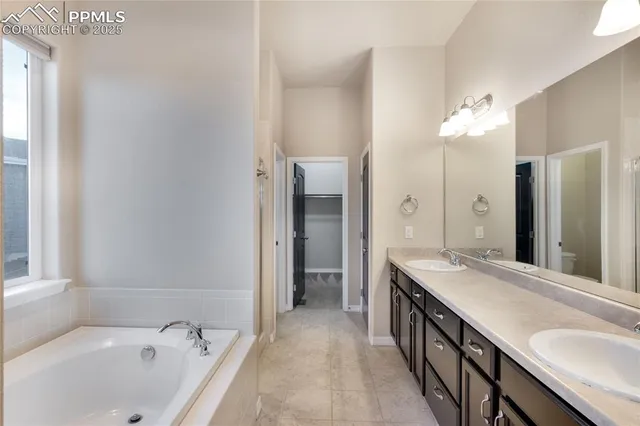 a bathroom with a double vanity sink a large mirror and a bathtub