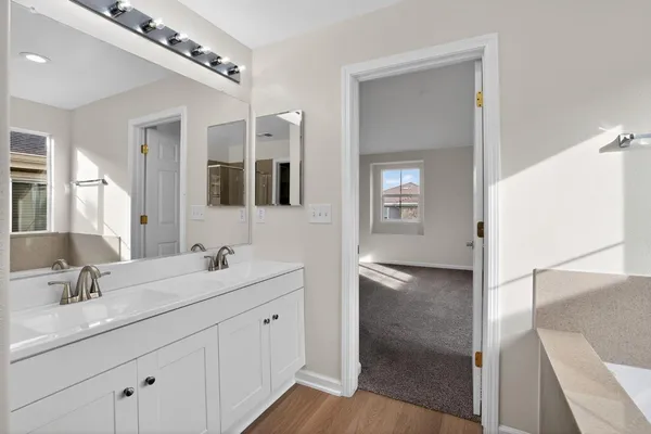 a bathroom with a double vanity sink and mirror