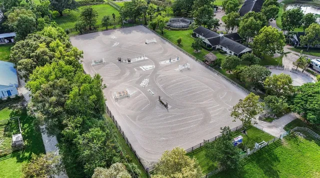 an aerial view of a house with a yard and trees all around