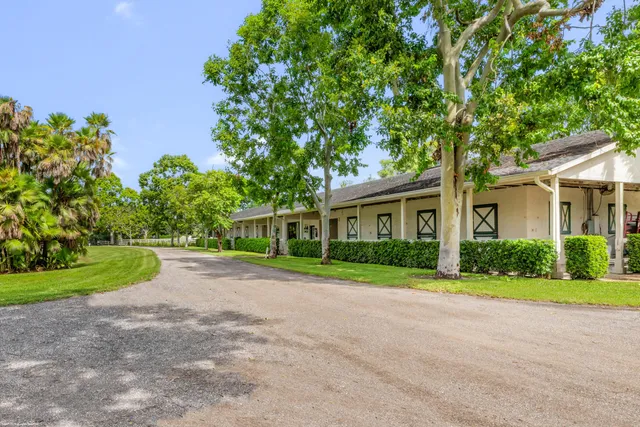 a view of a house with a big yard and large trees