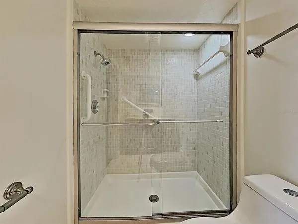a bathroom with a shower and toilet