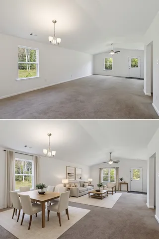 a living room with furniture and a chandelier