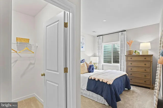 a bedroom with a bed and a closet