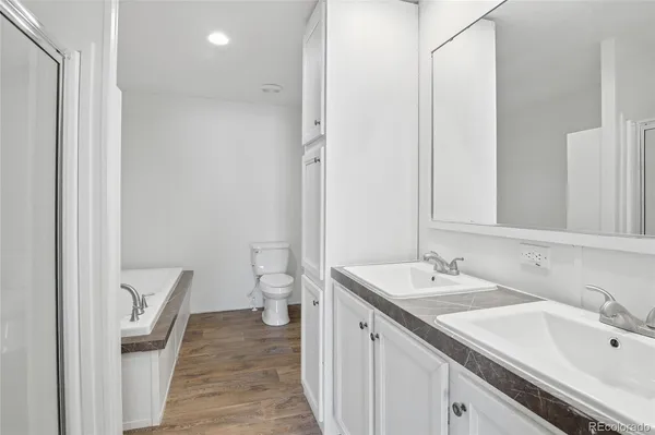 a bathroom with a sink a toilet and a large mirror