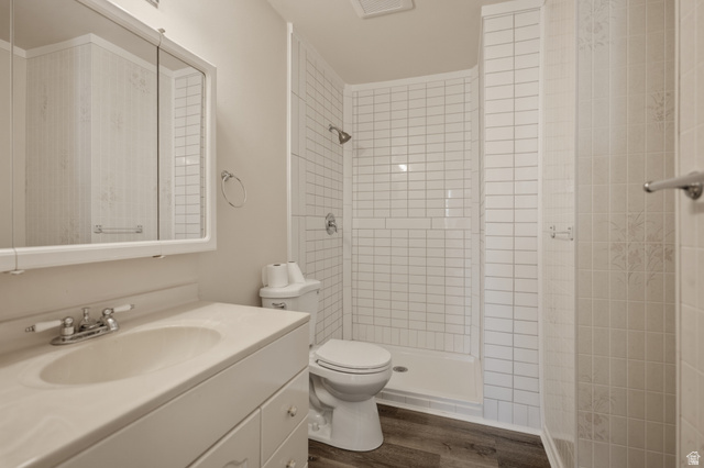 337 North Main Street Central Valley, UT 84754 - Photo 21 of 40 Bathroom featuring vanity, a stall shower, and dark wood-style floors