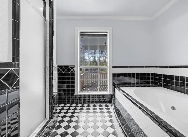 a bathroom with a bathtub and a shower