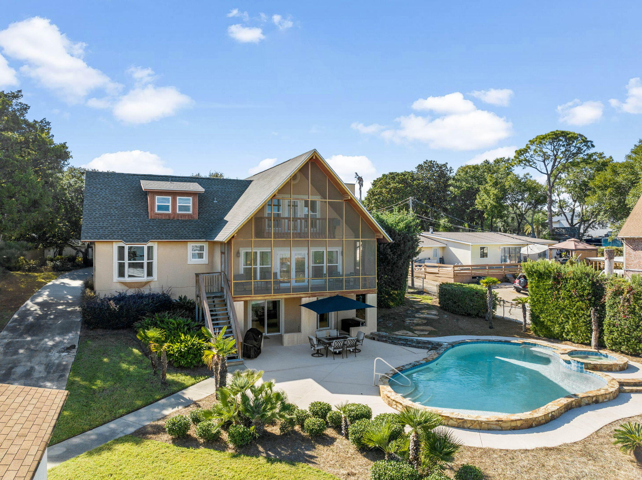 710 Beach Drive Destin, FL 32541 - Photo 49 of 64 a view of a house with swimming pool and a yard
