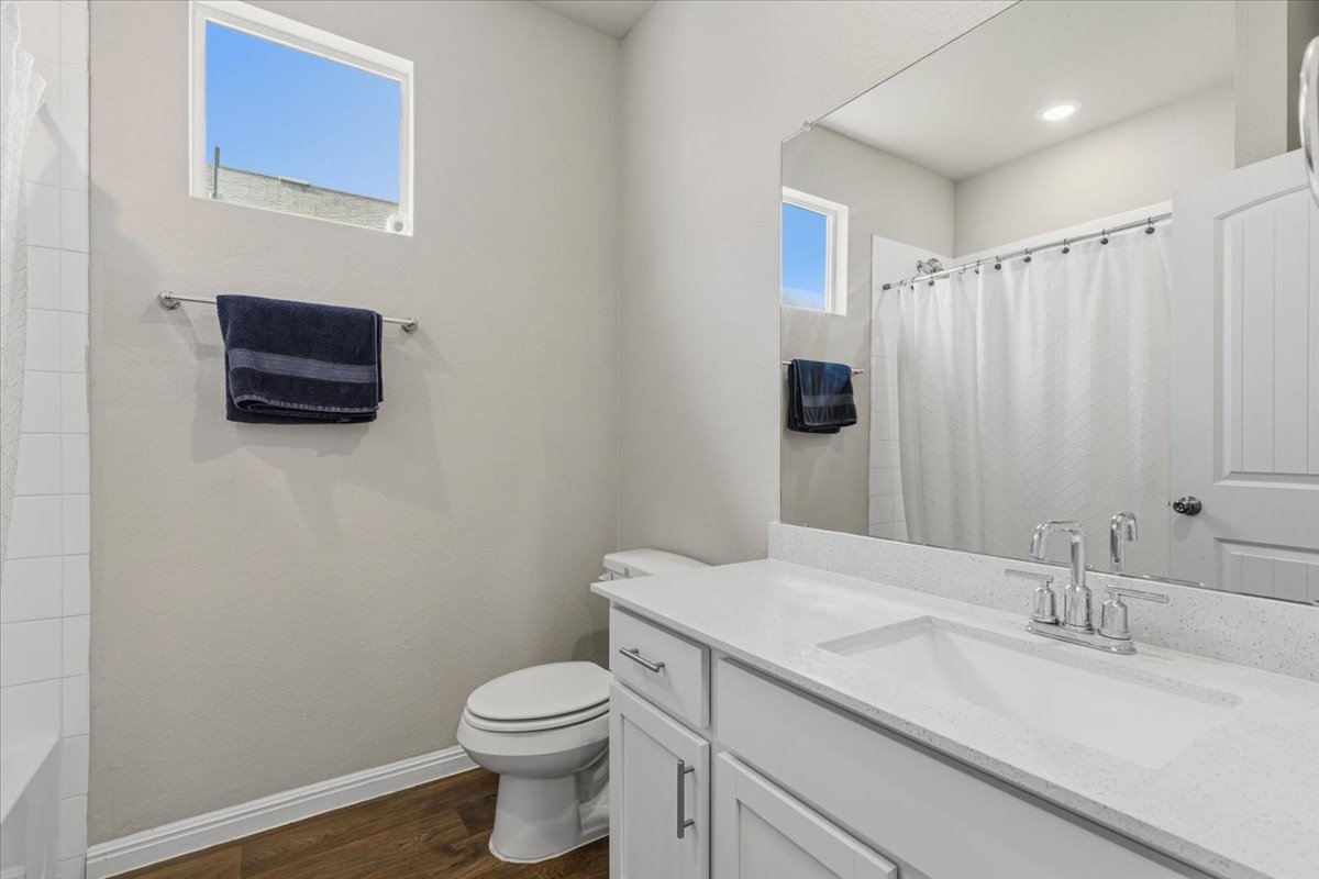 112 Rainmaker Cove Bastrop, TX 78602 - Photo 22 of 34 Bathroom featuring vanity, a shower with shower curtain, and dark wood-style flooring