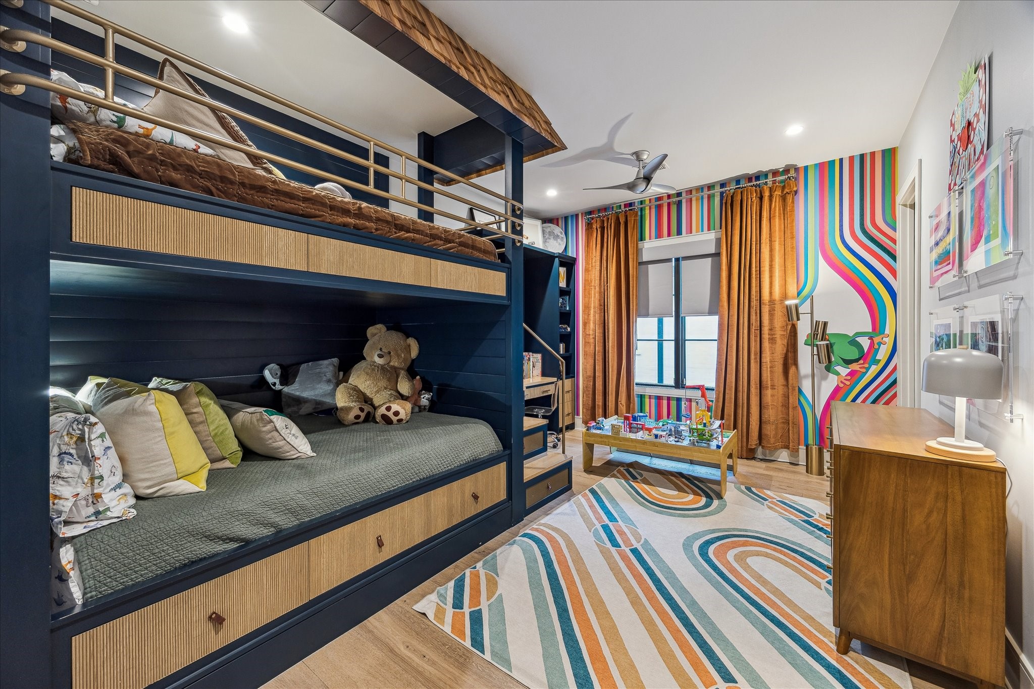 3807 Westerman Street Houston, TX 77005 - Photo 37 of 50 Guest Bedroom 3 boasts 10’ ceilings, designer wall paint, and recessed LED lighting. Wide-plank white oak hardwood flooring and a ceiling fan enhance comfort, while a custom print wallpaper feature wall adds a stylish focal point.