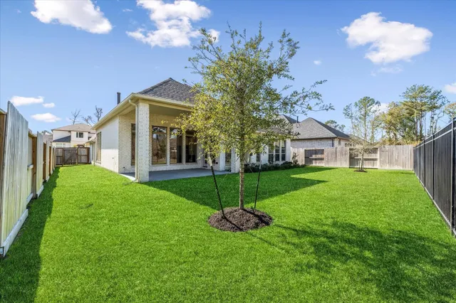 a view of a house with backyard and a tree