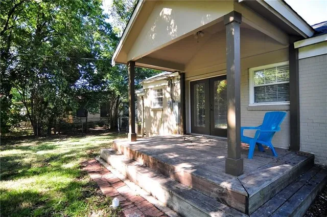 a outdoor space of blue painted house