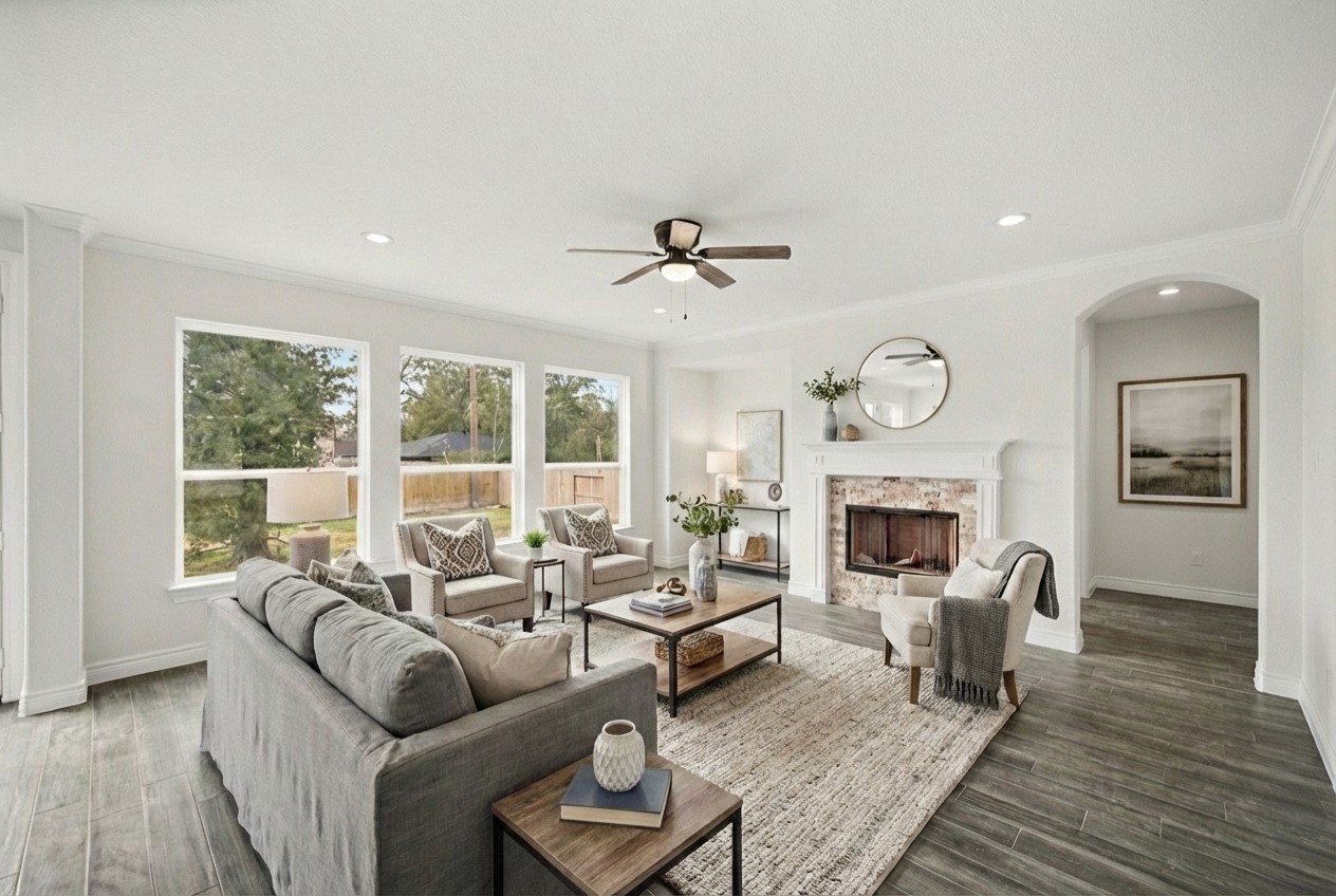 16503 Boston Post Road Cypress, TX 77429 - Photo 10 of 44 a living room with furniture and a fireplace
