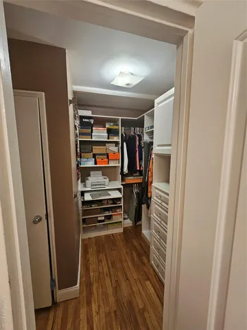 a view of walk in closet with clothes and shoes