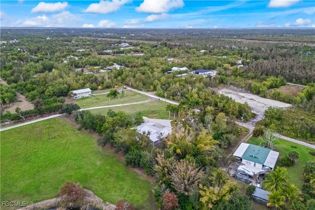 an aerial view of residential houses with outdoor space and trees