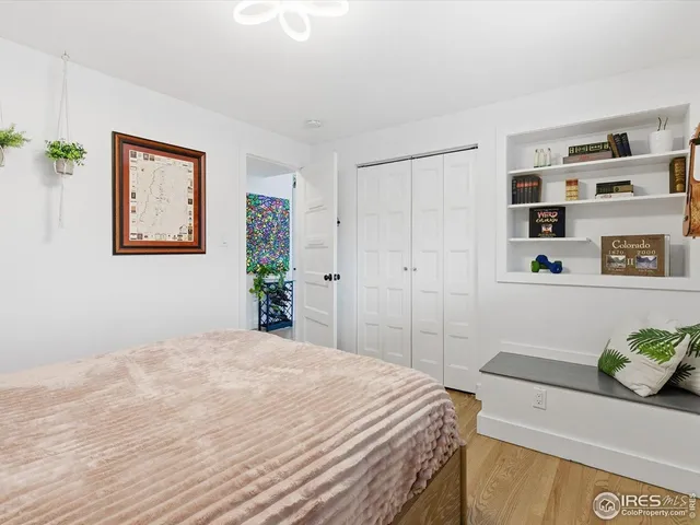 a bedroom with a bed and closet