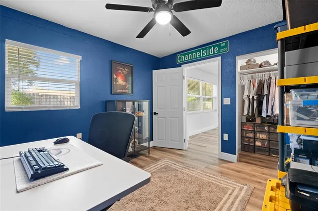 a view of a yard with plants and trees