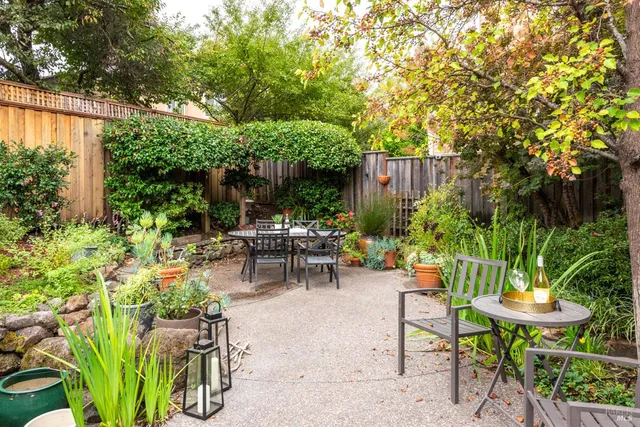 a view of outdoor dining space with a patio and plants